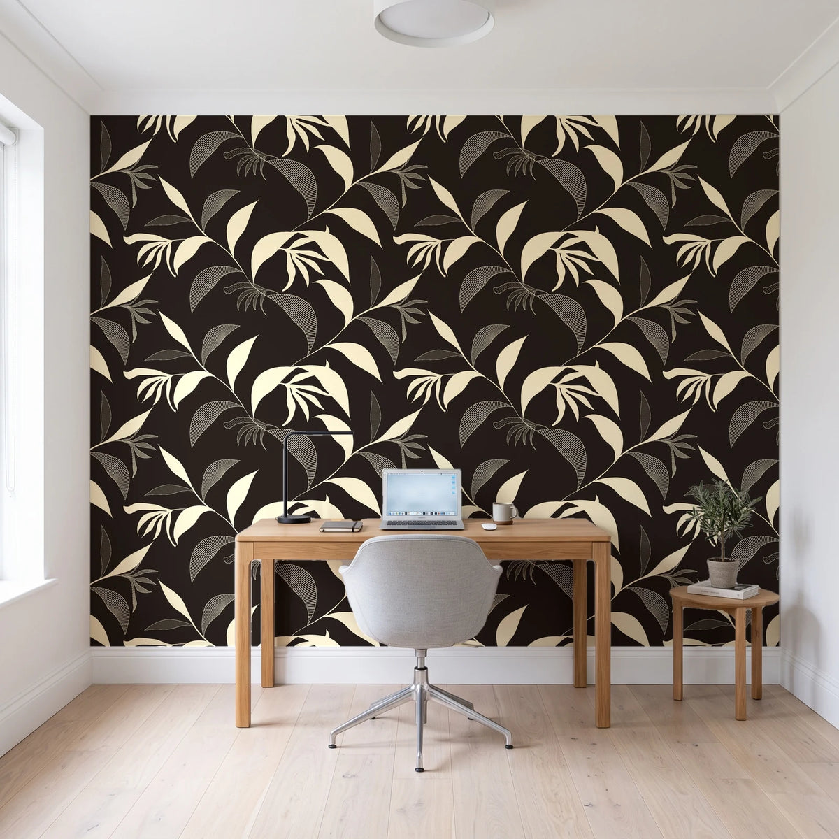 Hatched Frond Espresso hatched frond wallpaper behind a modern oak desk in a bright home office