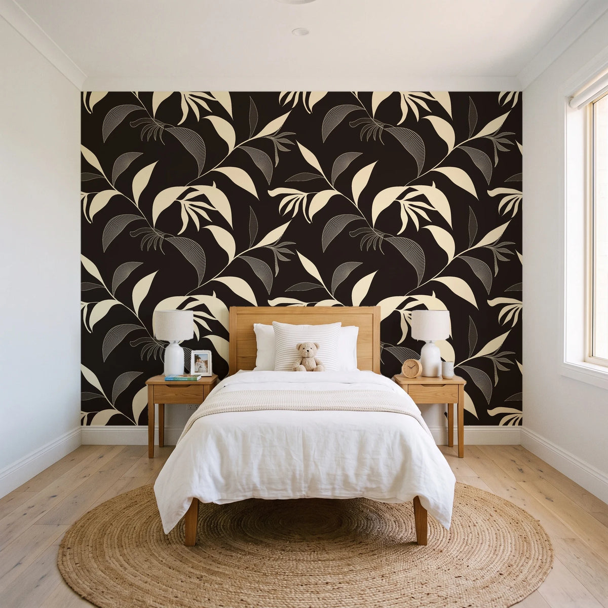 Hatched Frond Espresso hatched frond wallpaper in a bright, cheerful child's bedroom