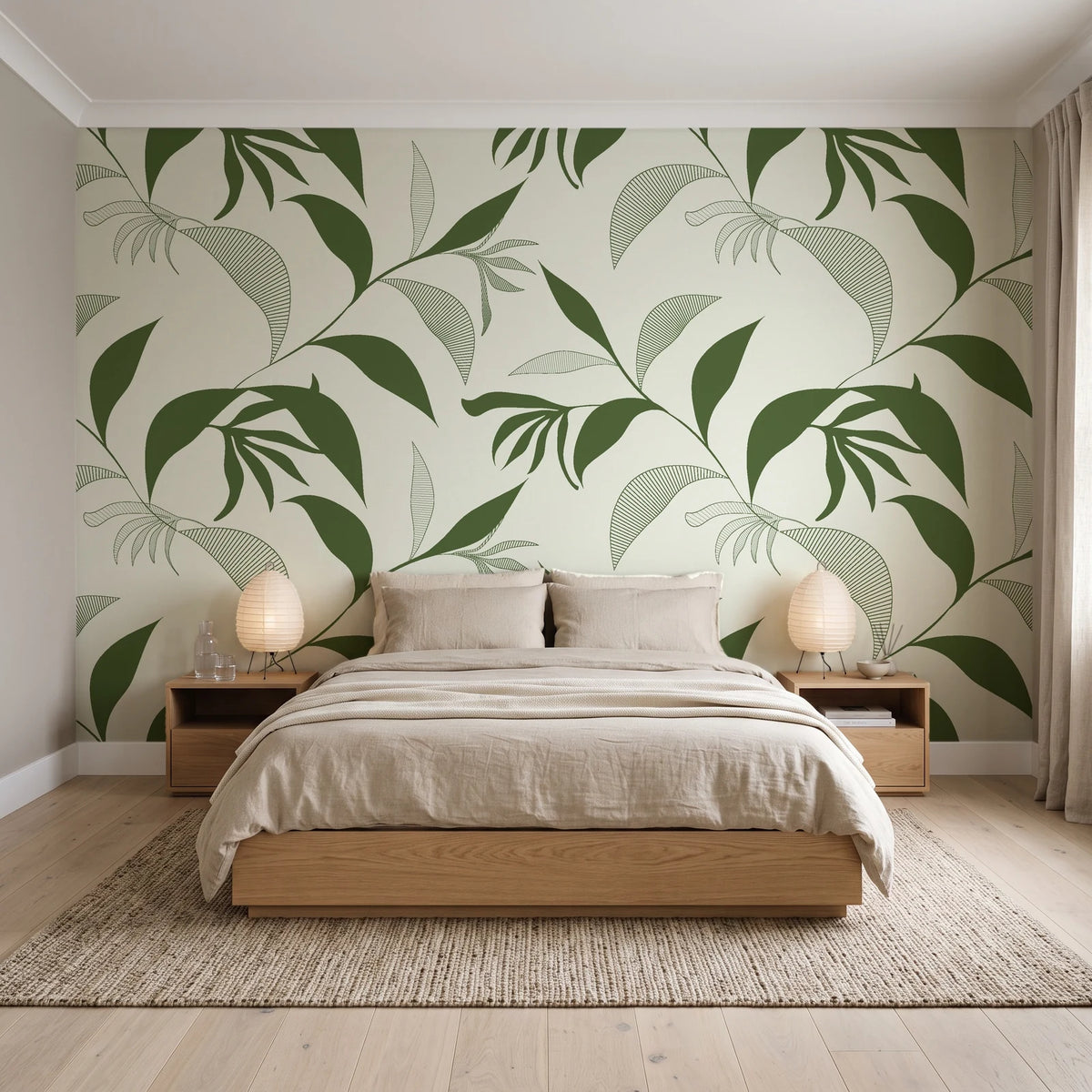 Hatched Frond Moss hatched frond wallpaper behind a low platform bed in a serene Japandi bedroom