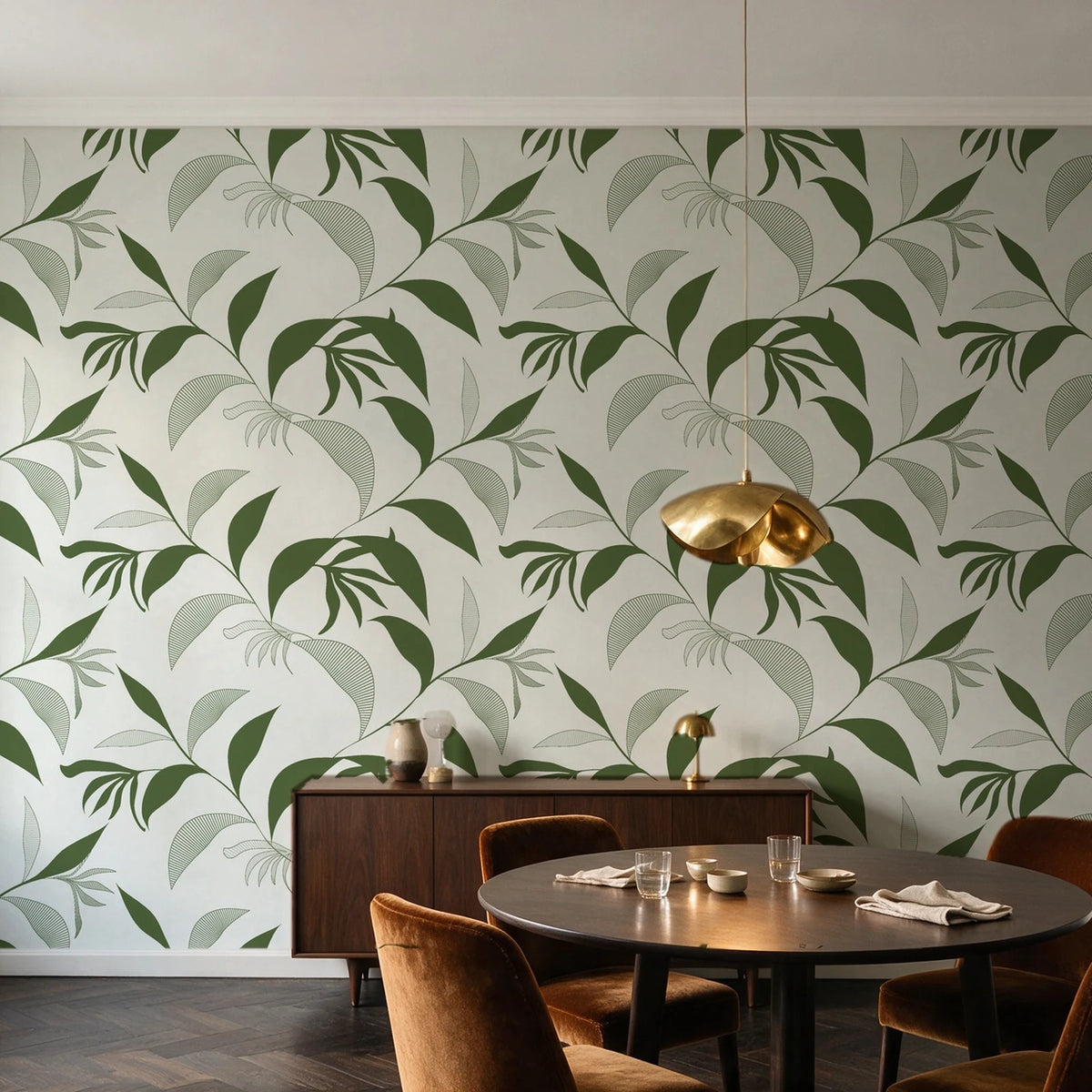 Hatched Frond Moss hatched frond wallpaper in an elegant dining room