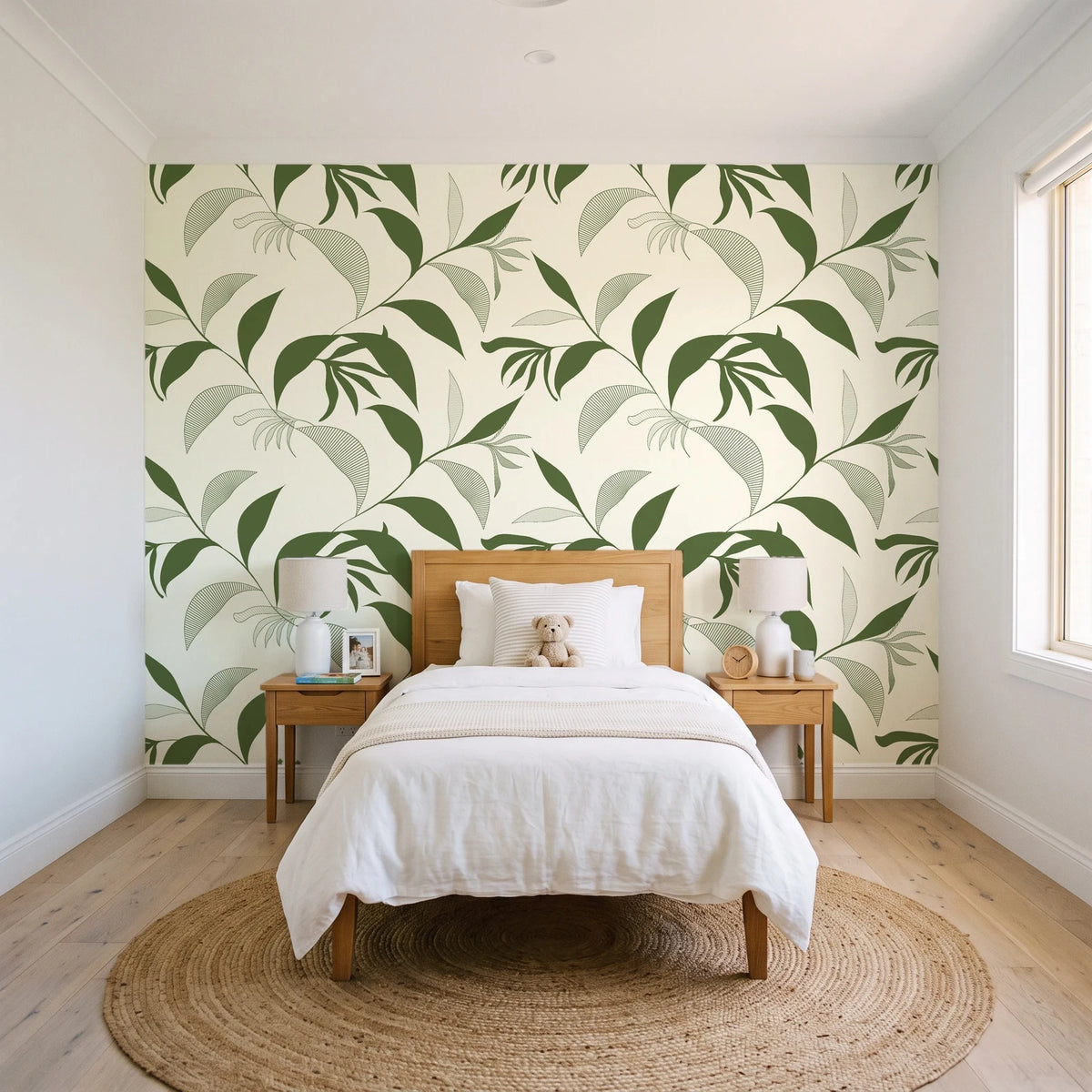 Hatched Frond Moss hatched frond wallpaper in a bright, cheerful child's bedroom