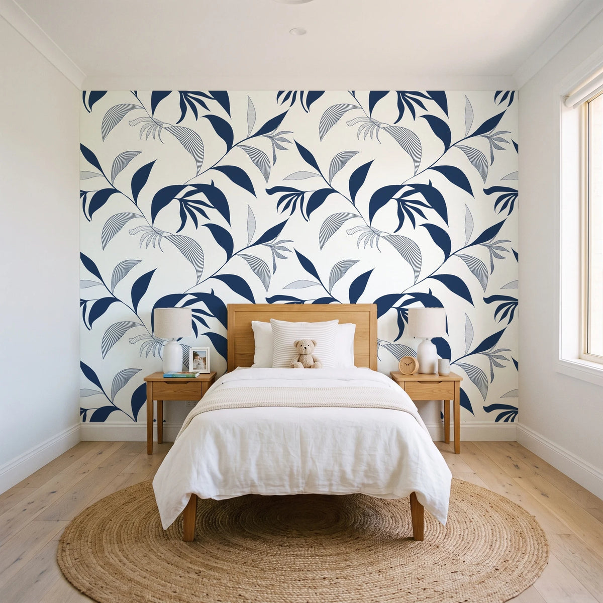 Hatched Frond Navy hatched frond wallpaper in a bright, cheerful child's bedroom