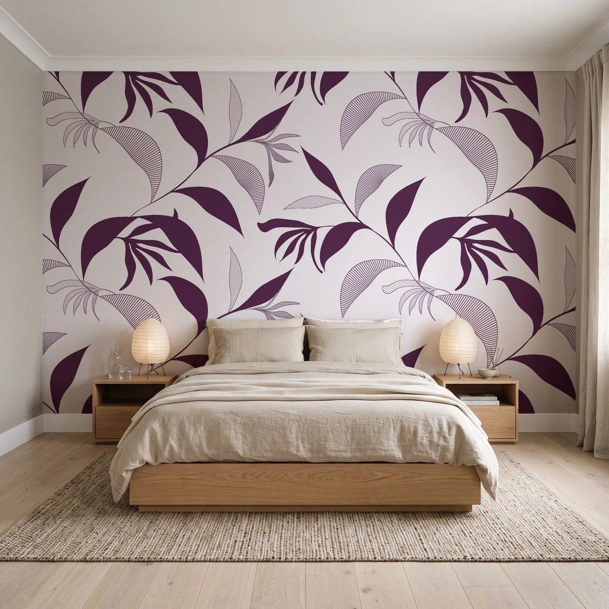 Hatched Frond Plum hatched frond wallpaper behind a low platform bed in a serene Japandi bedroom