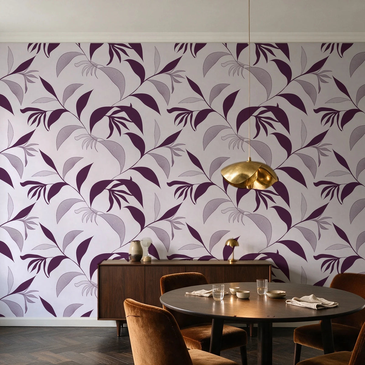 Hatched Frond Plum hatched frond wallpaper in an elegant dining room