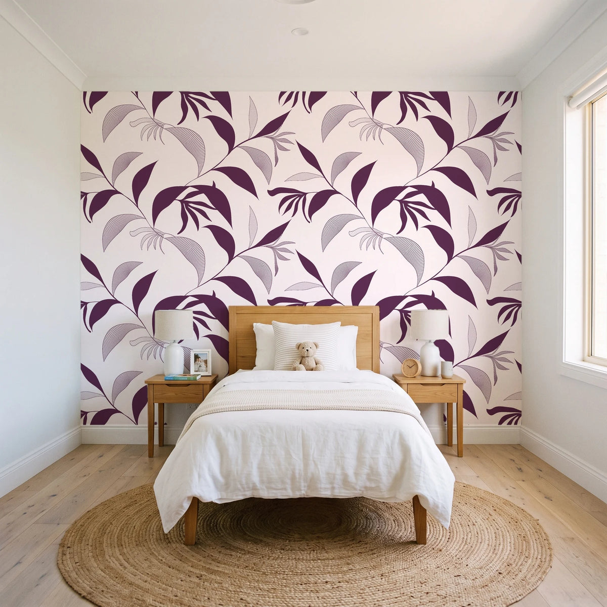 Hatched Frond Plum hatched frond wallpaper in a bright, cheerful child's bedroom