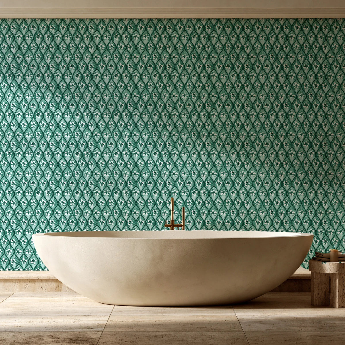 Hidden Court Emerald floral ogee wallpaper creating ambiance in a serene spa bathroom