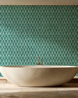 Hidden Court Emerald floral ogee wallpaper creating ambiance in a serene spa bathroom