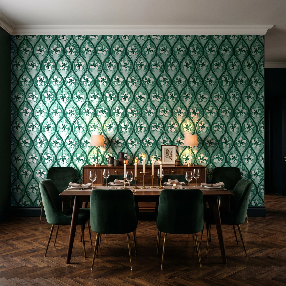 Hidden Court Emerald floral ogee wallpaper in a dark moody dining room with a candlelit table