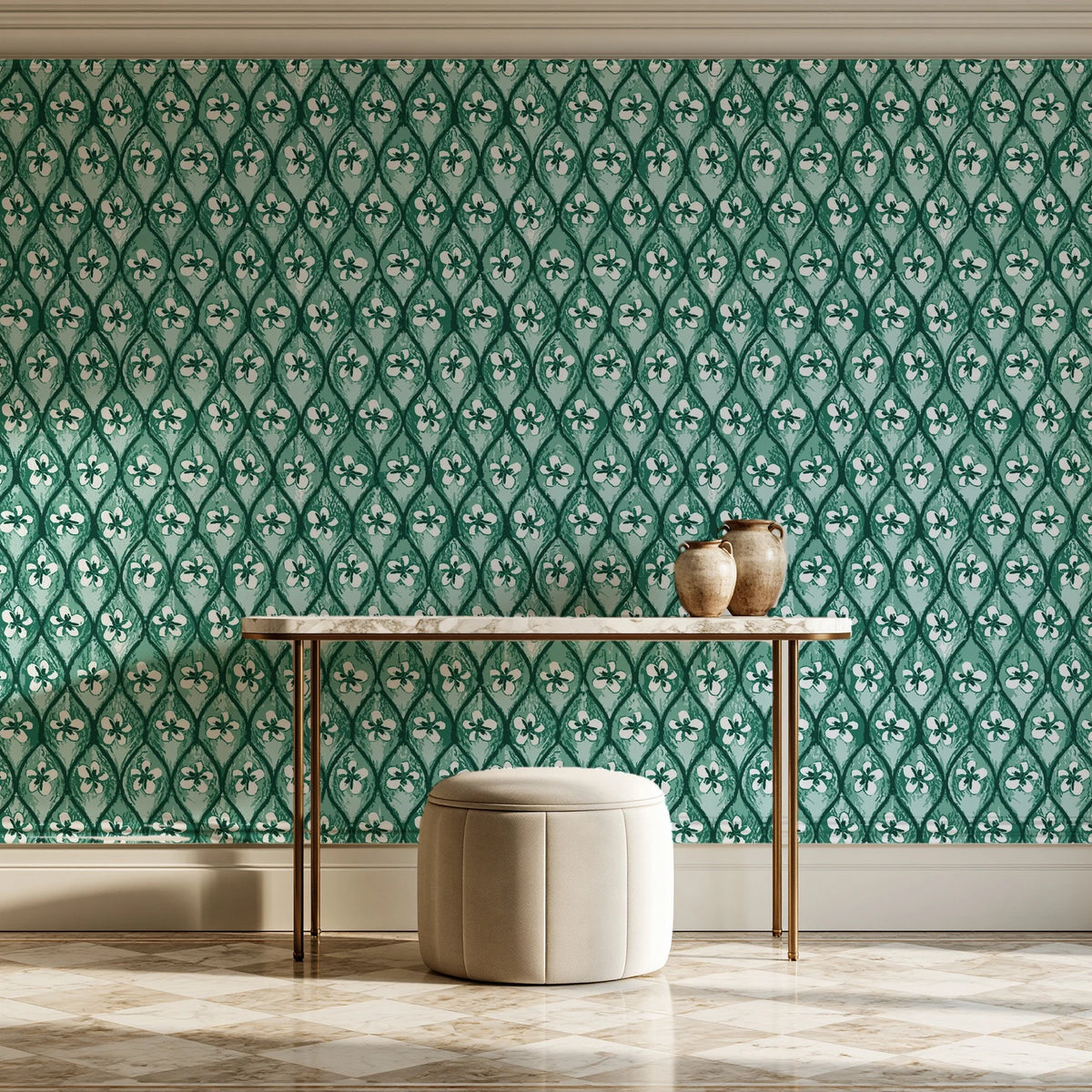 Hidden Court Emerald floral ogee wallpaper on the wall of a grand entry foyer
