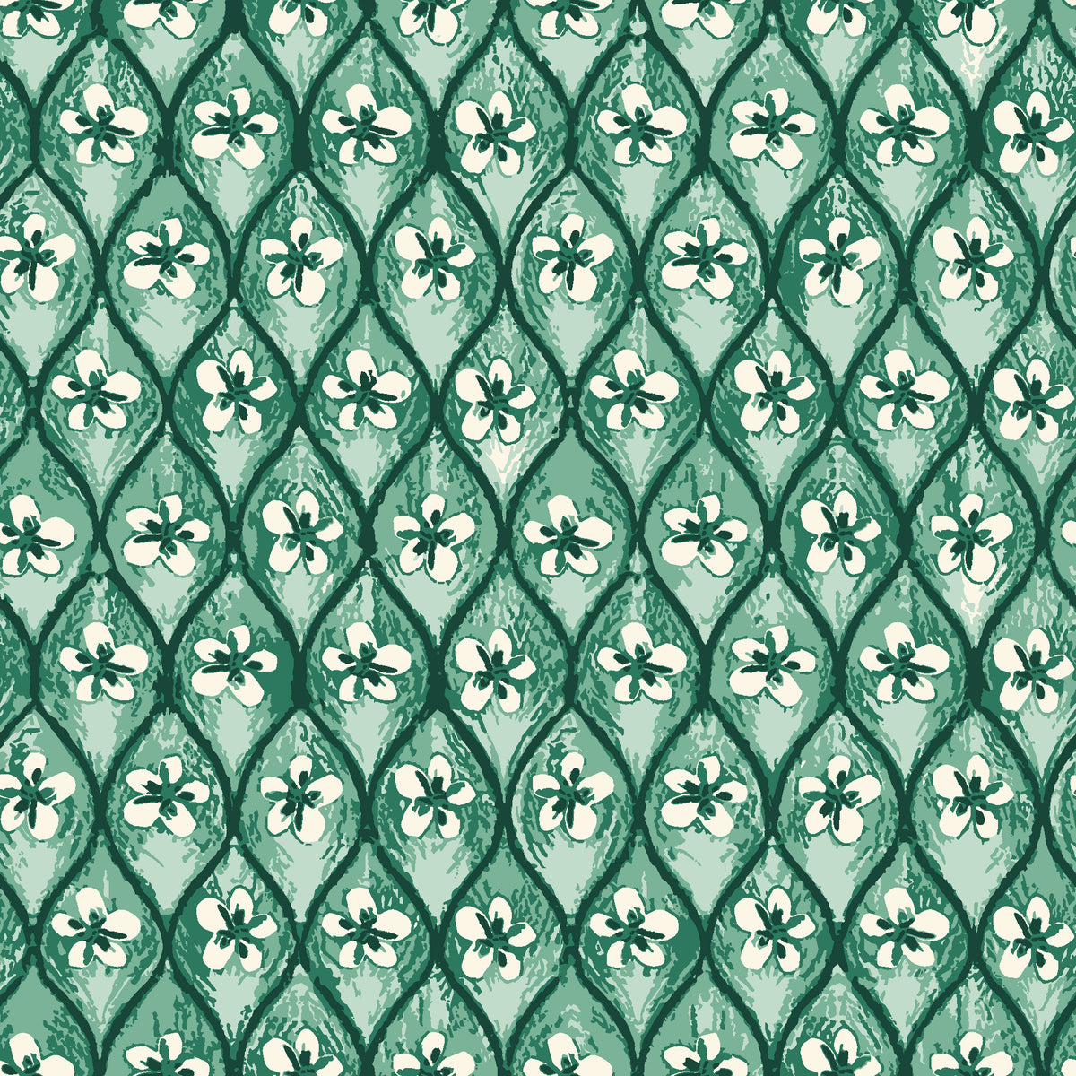 Hidden Court Emerald floral ogee wallpaper in emerald and ivory
