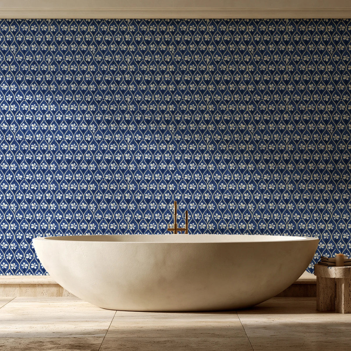 Hidden Court Midnight floral ogee wallpaper creating ambiance in a serene spa bathroom