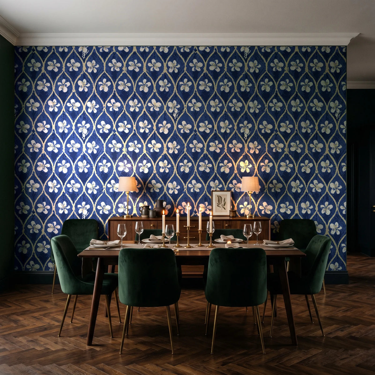 Hidden Court Midnight floral ogee wallpaper in a dark moody dining room with a candlelit table