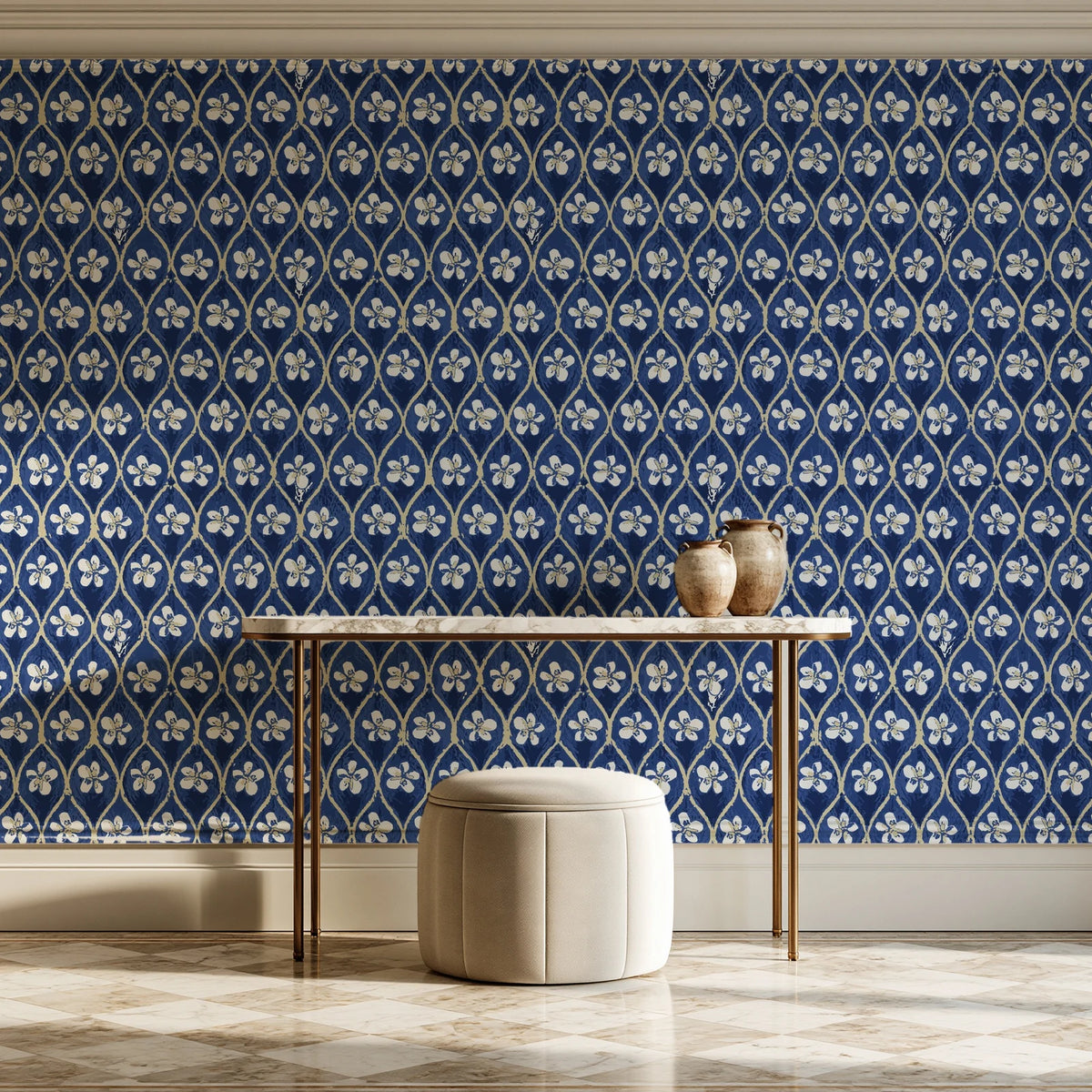 Hidden Court Midnight floral ogee wallpaper on the wall of a grand entry foyer