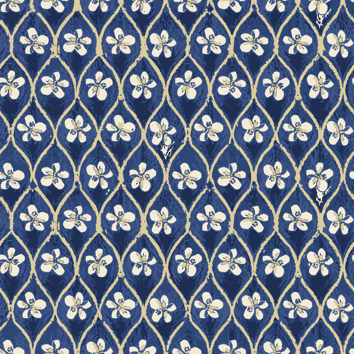 Hidden Court Midnight floral ogee wallpaper in midnight and champagne