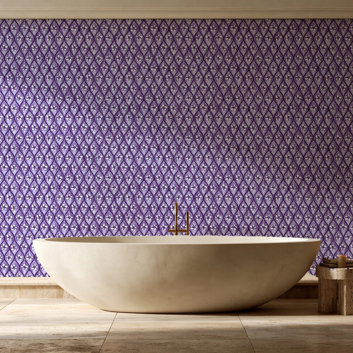 Hidden Court Plum floral ogee wallpaper creating ambiance in a serene spa bathroom