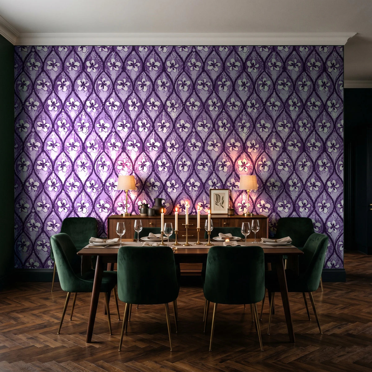 Hidden Court Plum floral ogee wallpaper in a dark moody dining room with a candlelit table
