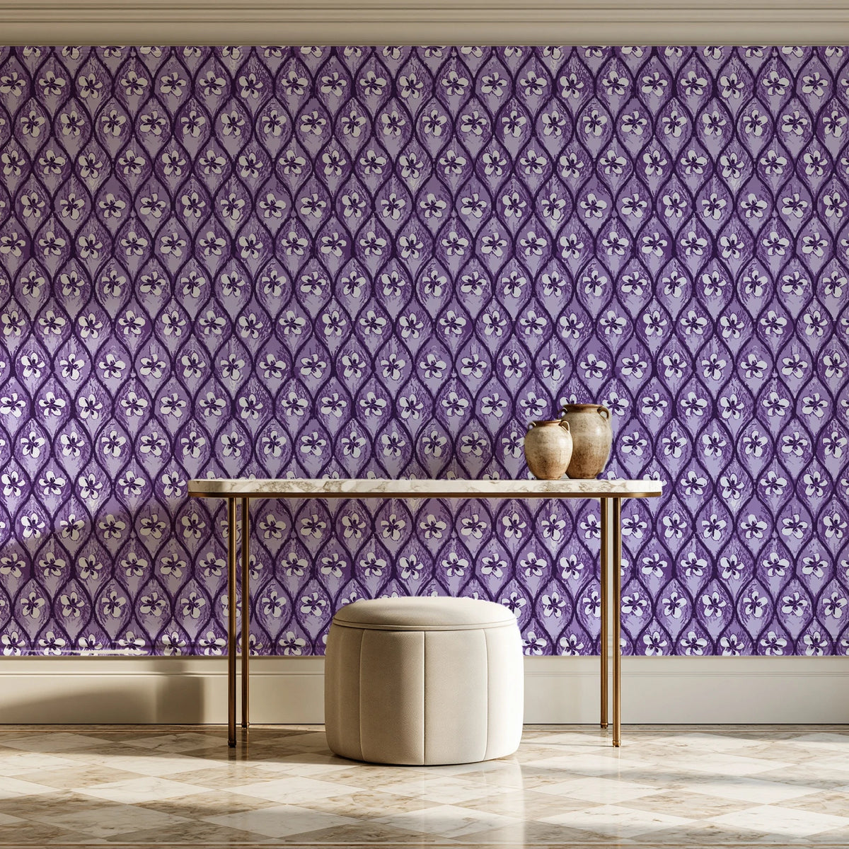 Hidden Court Plum floral ogee wallpaper on the wall of a grand entry foyer