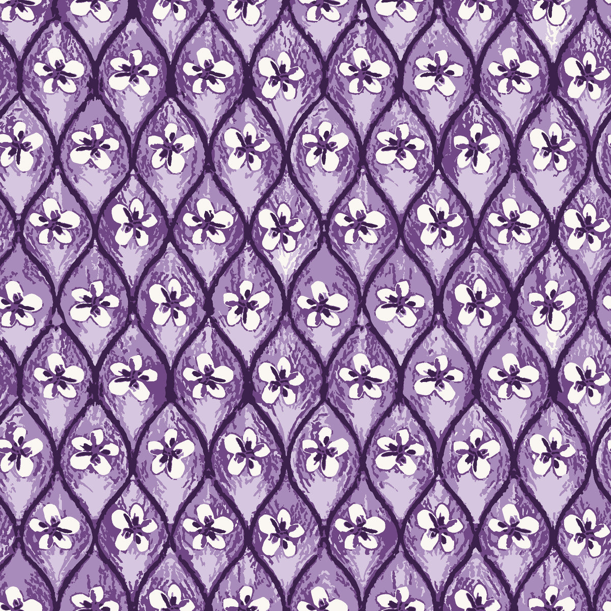 Hidden Court Plum floral ogee wallpaper in plum and pearl