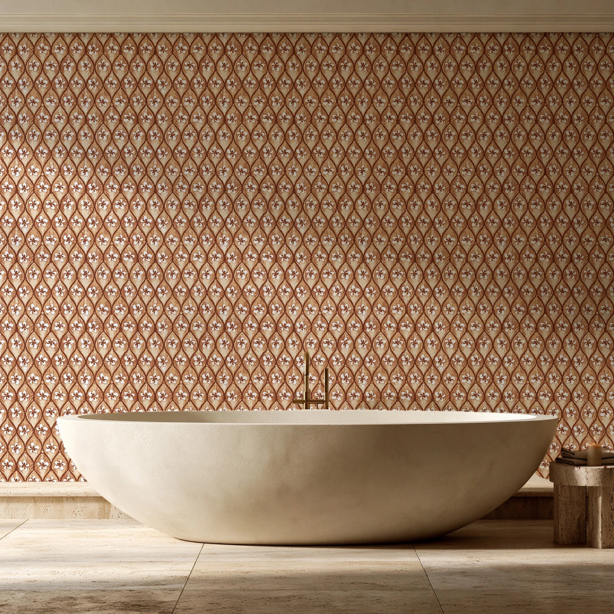 Hidden Court Terracotta floral ogee wallpaper creating ambiance in a serene spa bathroom