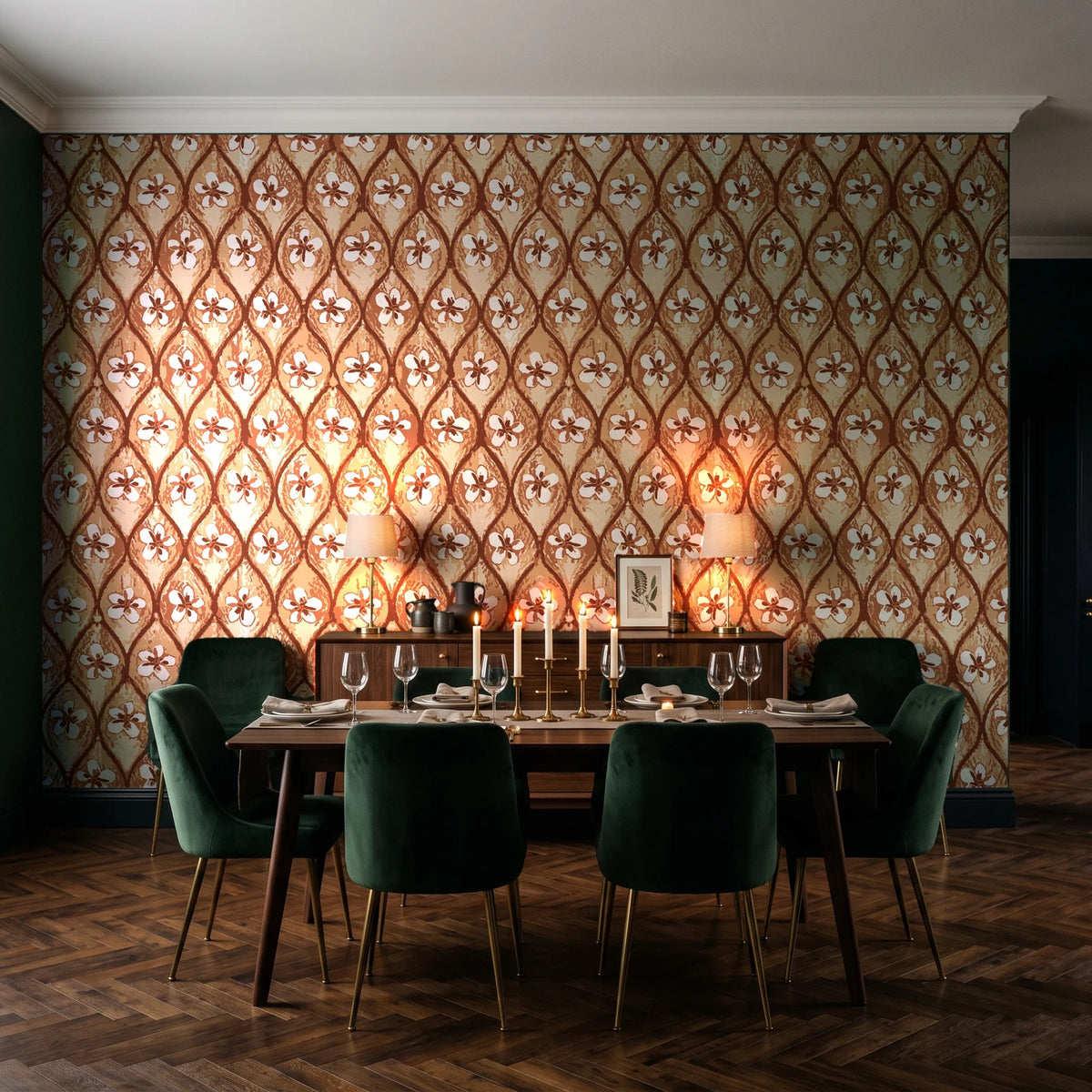 Hidden Court Terracotta floral ogee wallpaper in a dark moody dining room with a candlelit table