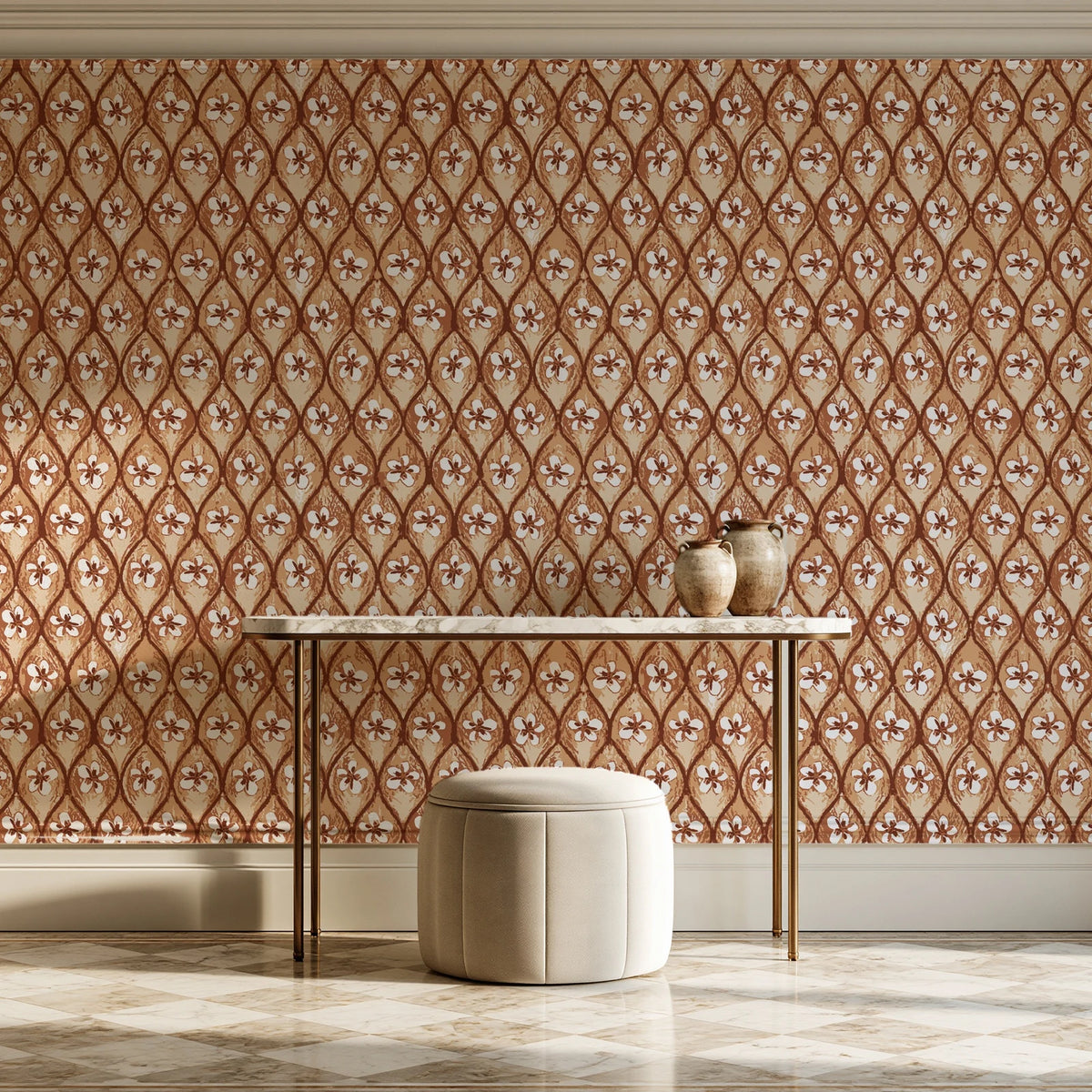 Hidden Court Terracotta floral ogee wallpaper on the wall of a grand entry foyer
