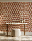 Hidden Court Terracotta floral ogee wallpaper on the wall of a grand entry foyer