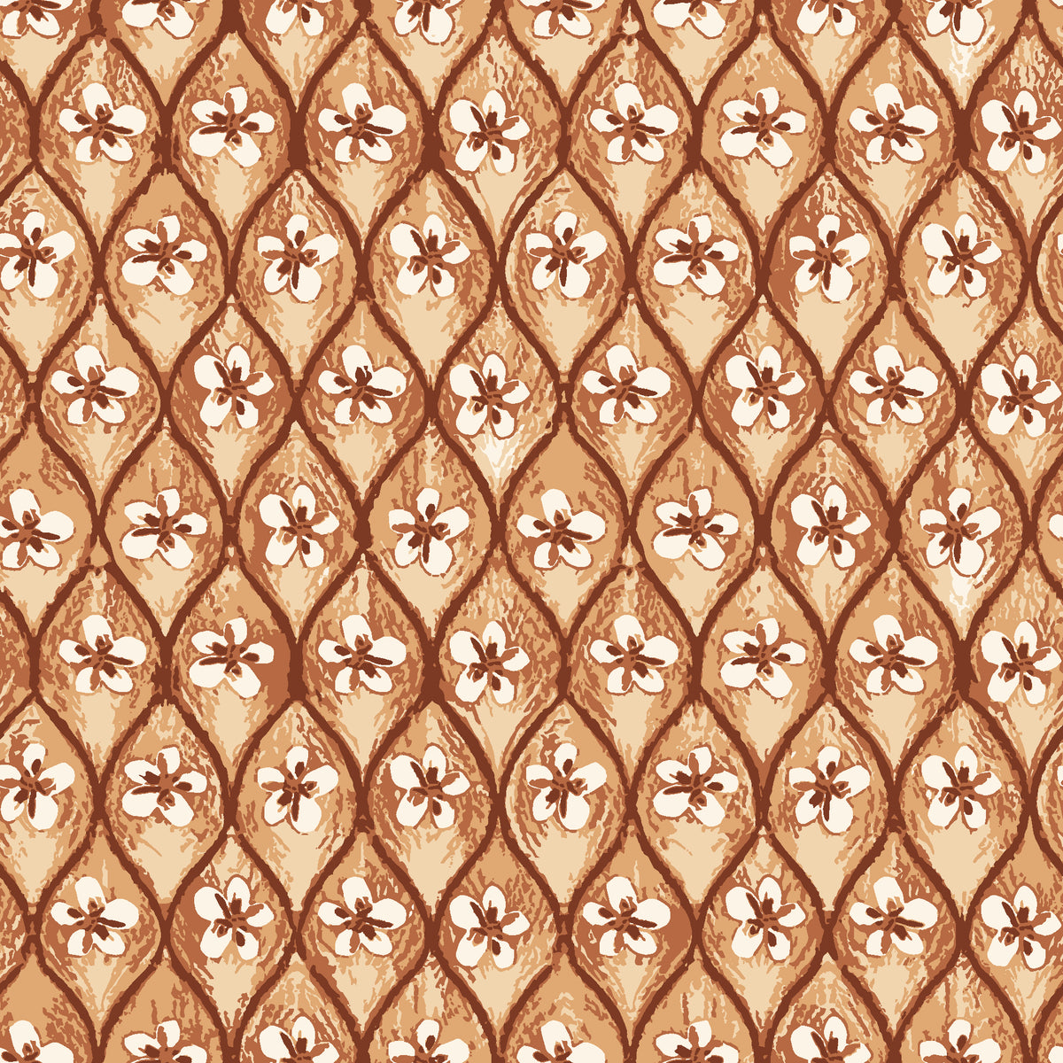 Hidden Court Terracotta floral ogee wallpaper in terracotta and cream