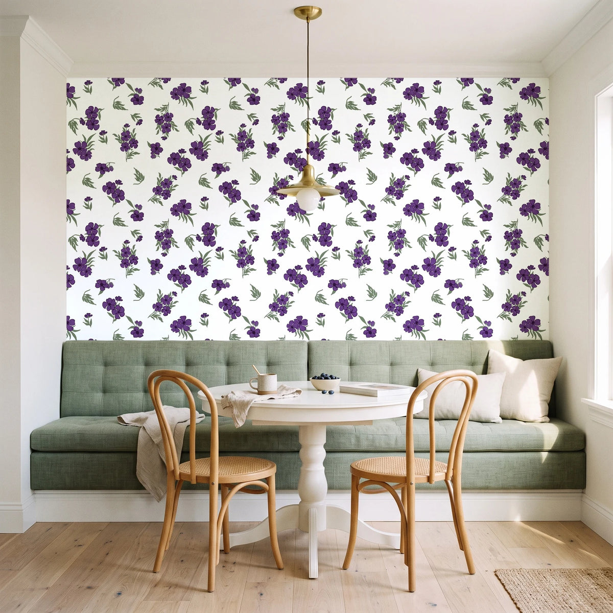 Hidden Garden Aubergine floral wallpaper as a feature wall in a sunlit breakfast nook