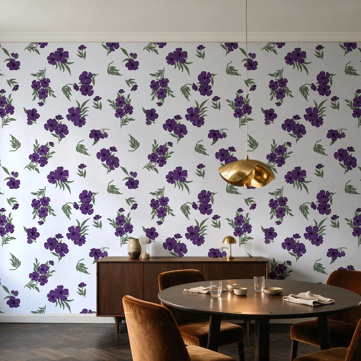 Hidden Garden Aubergine floral wallpaper in an elegant dining room