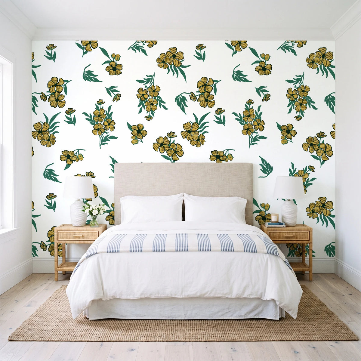 Hidden Garden Emerald floral wallpaper behind a queen bed in a bright coastal bedroom