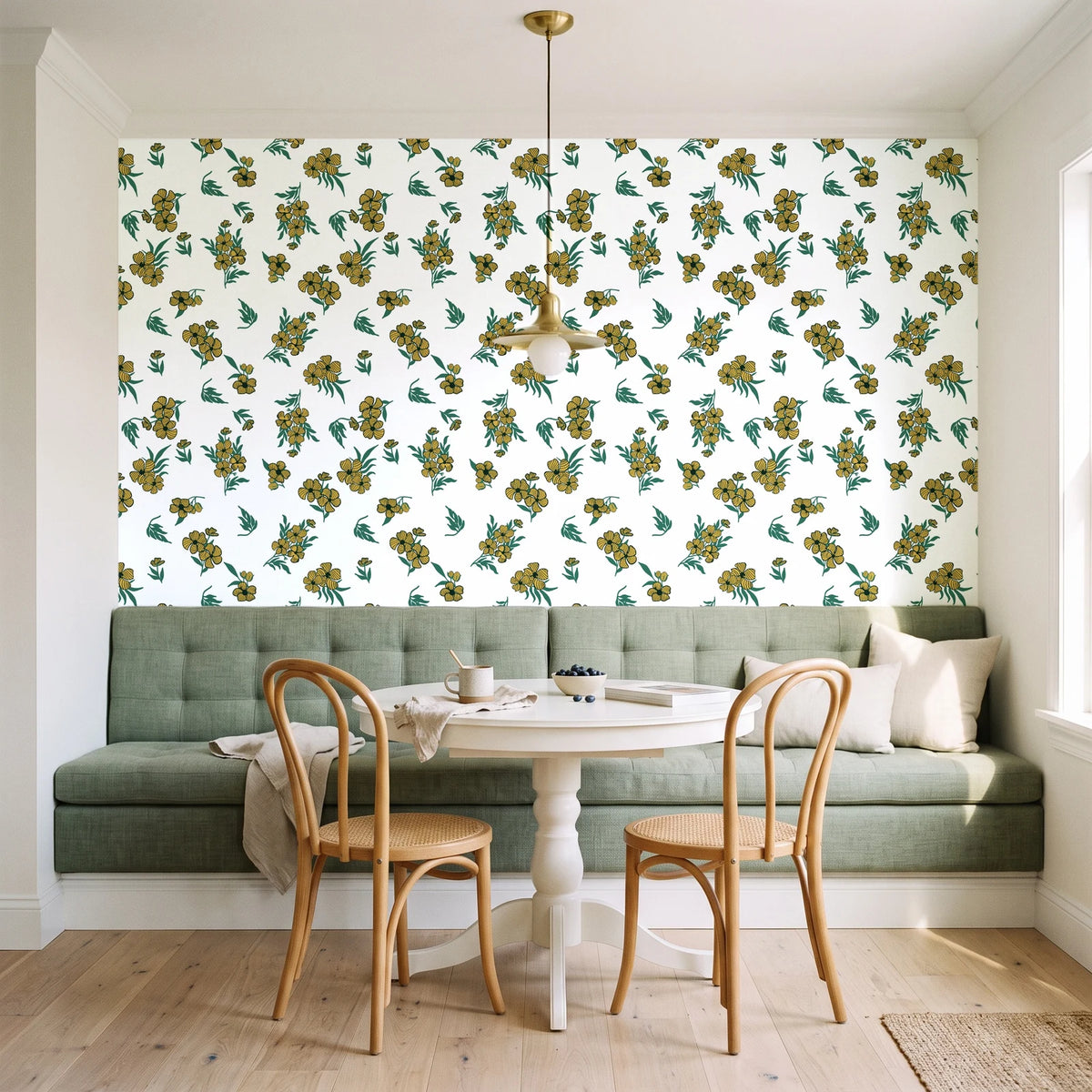 Hidden Garden Emerald floral wallpaper as a feature wall in a sunlit breakfast nook
