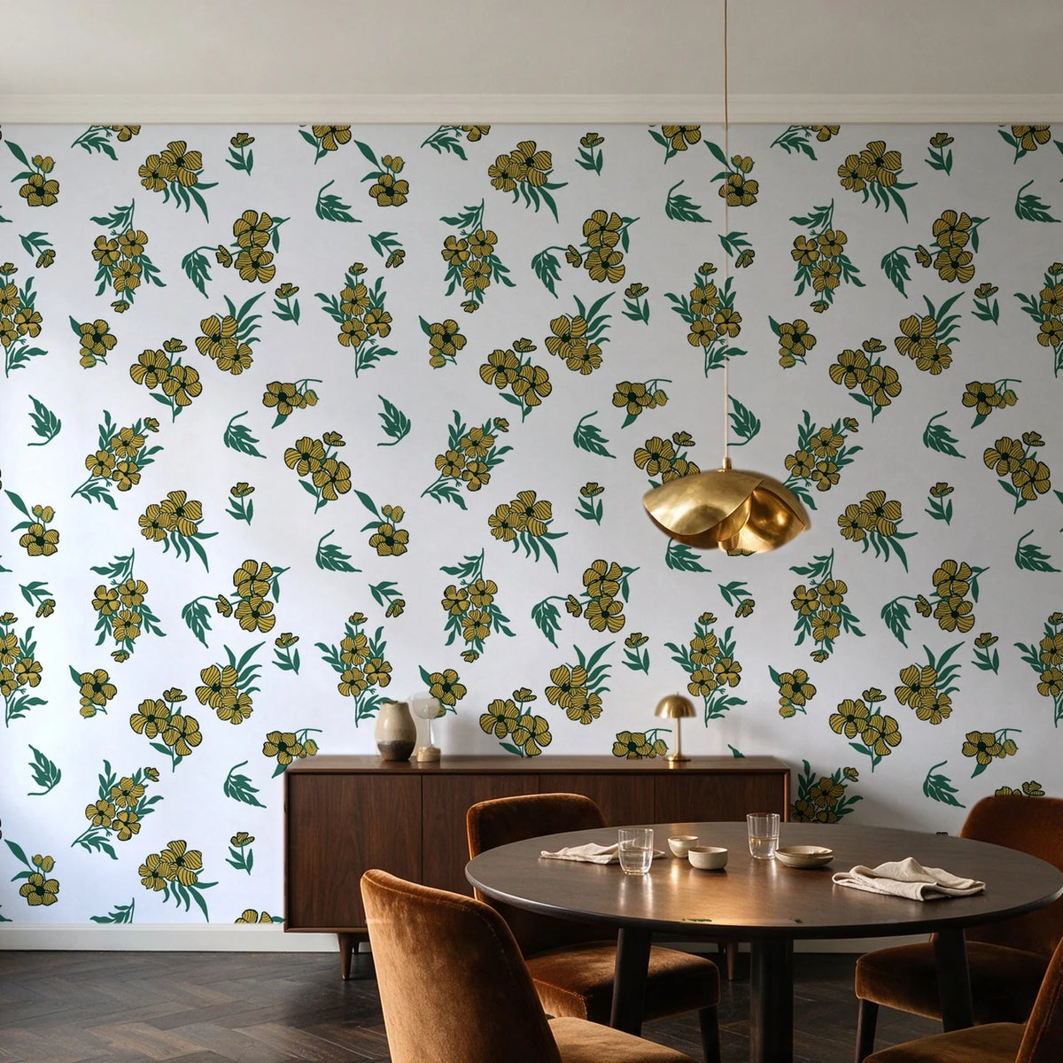 Hidden Garden Emerald floral wallpaper in an elegant dining room