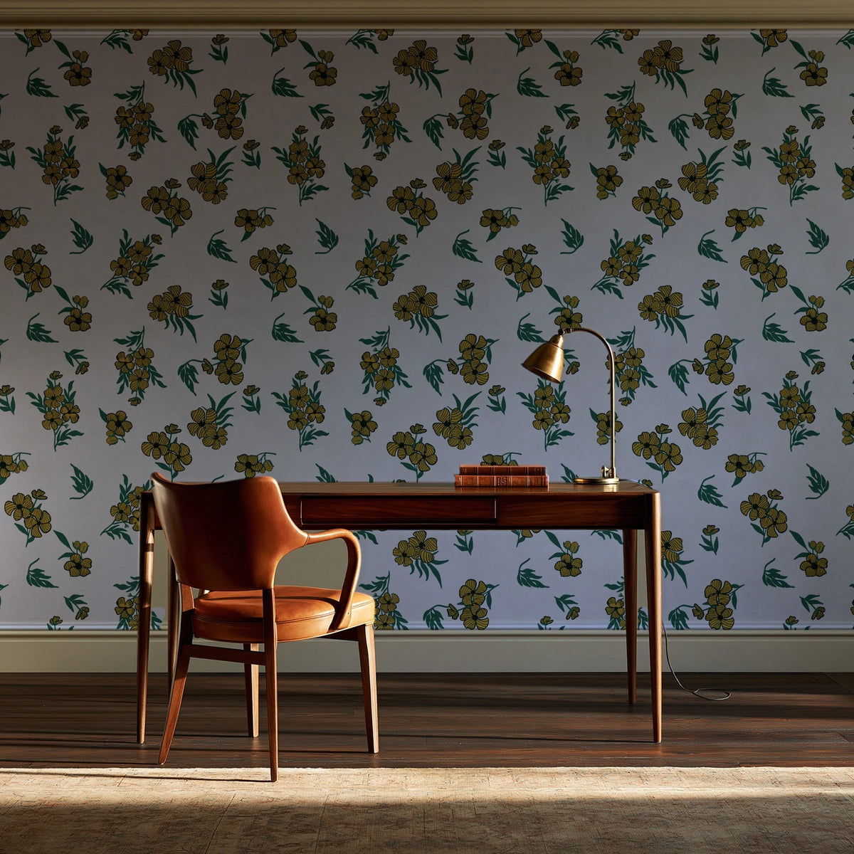 Hidden Garden Emerald floral wallpaper as a feature wall in a home study