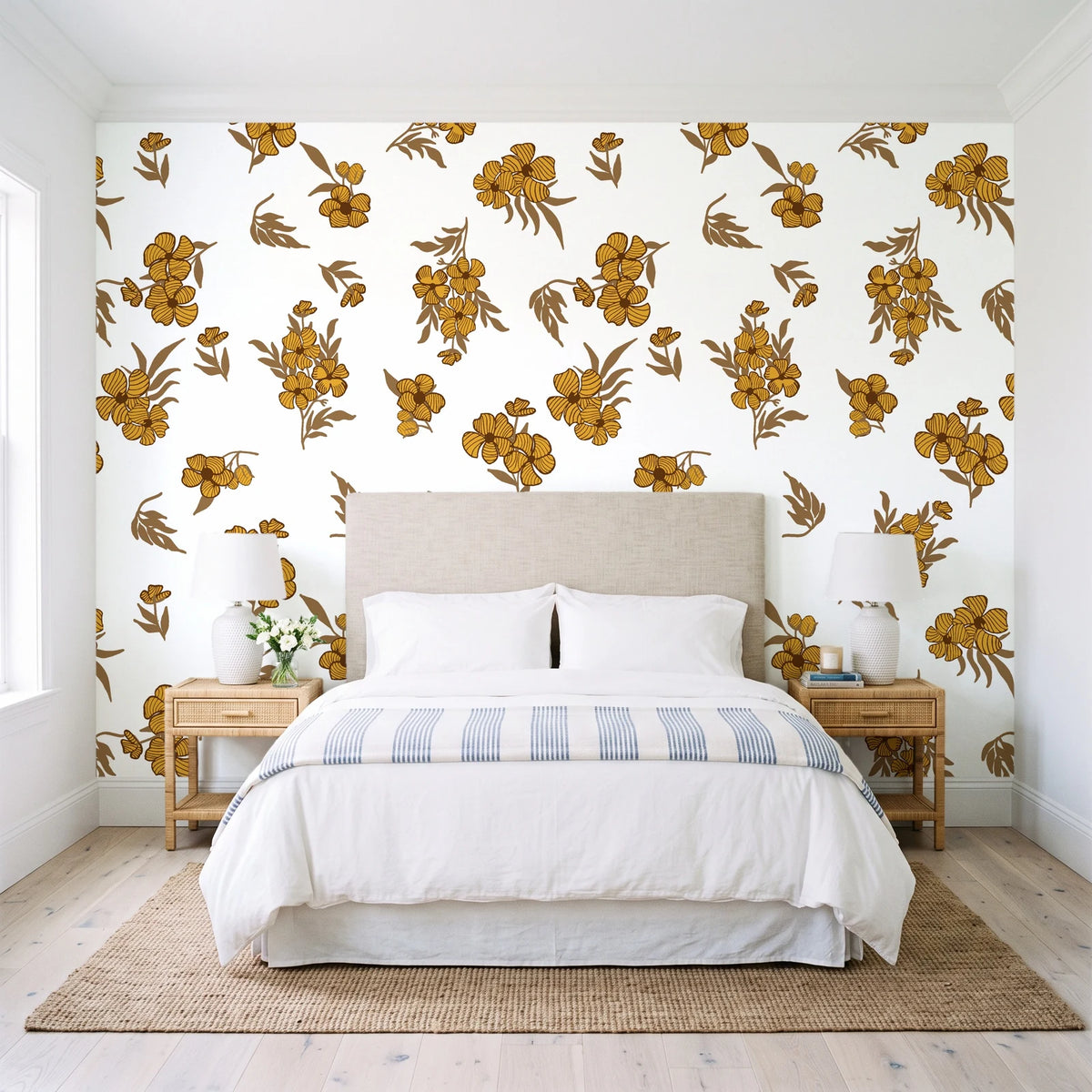 Hidden Garden Marigold floral wallpaper behind a queen bed in a bright coastal bedroom