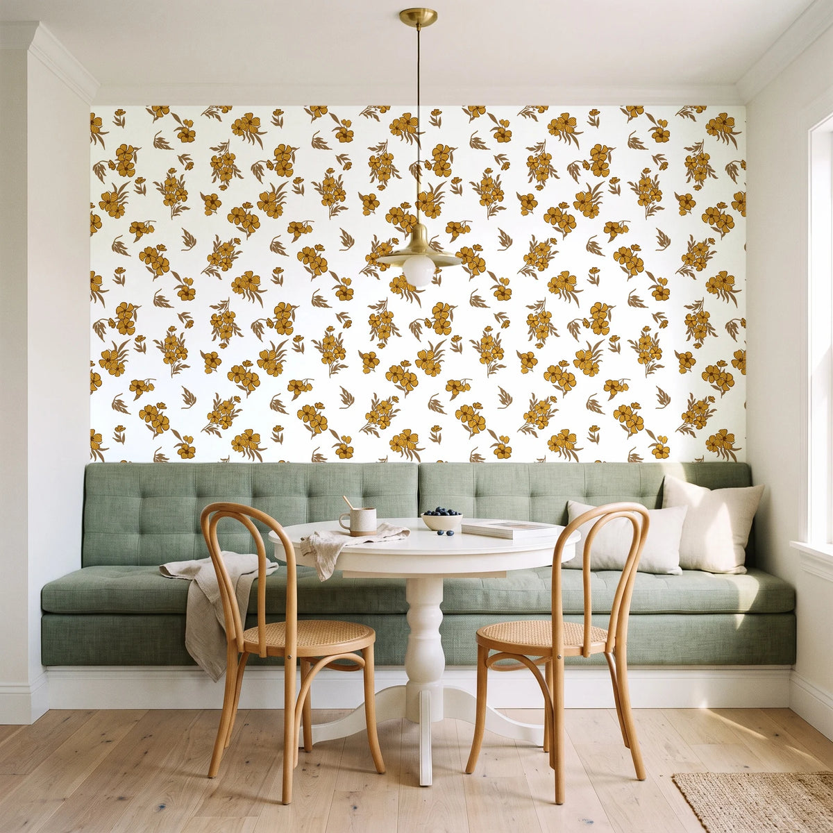 Hidden Garden Marigold floral wallpaper as a feature wall in a sunlit breakfast nook