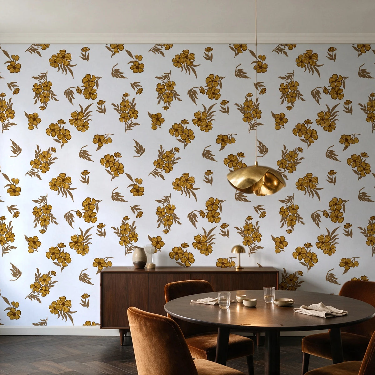 Hidden Garden Marigold floral wallpaper in an elegant dining room