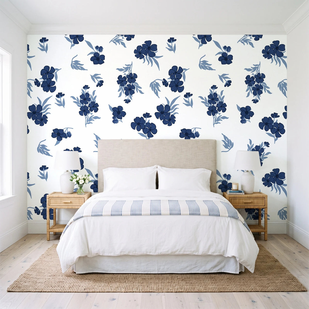 Hidden Garden Navy floral wallpaper behind a queen bed in a bright coastal bedroom