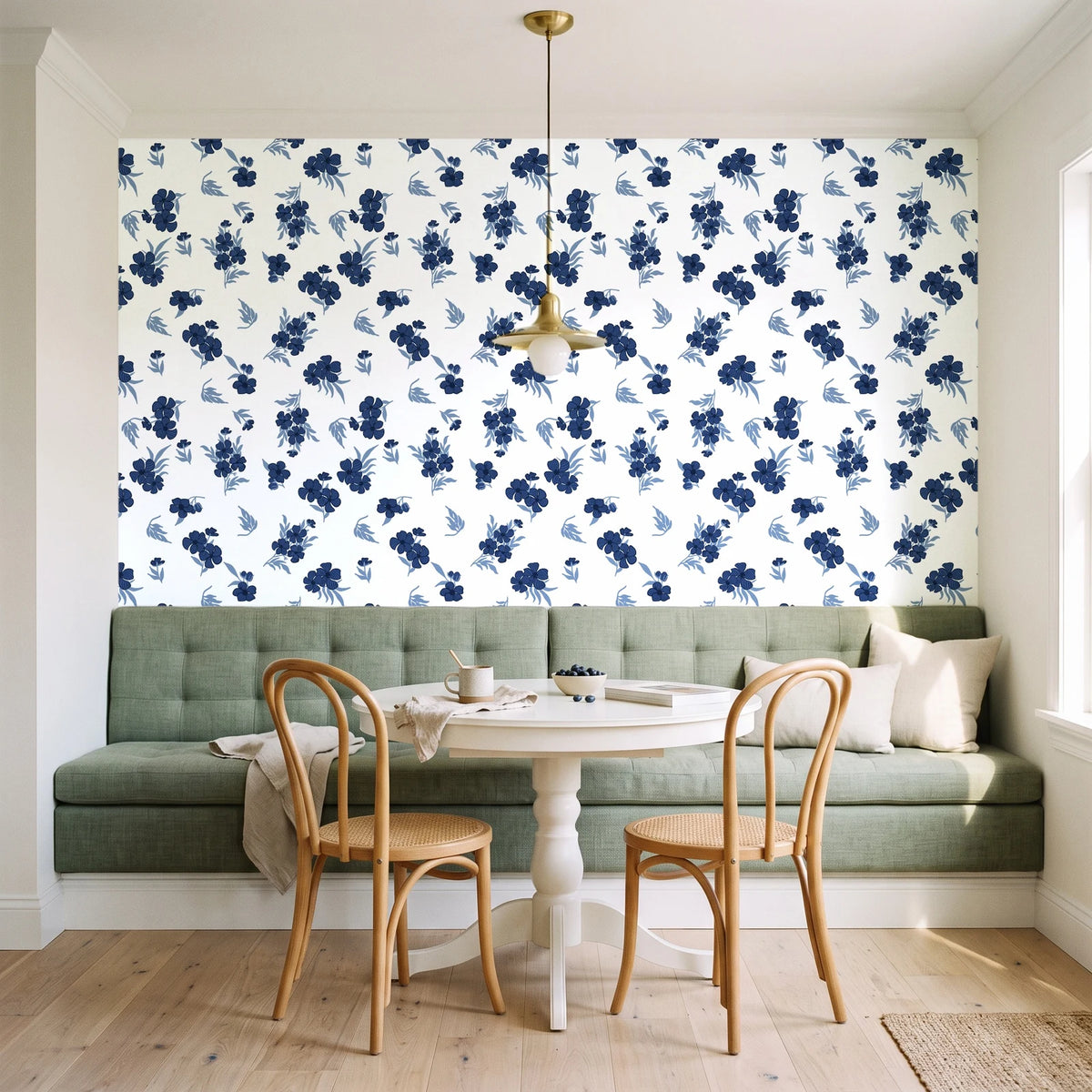 Hidden Garden Navy floral wallpaper as a feature wall in a sunlit breakfast nook