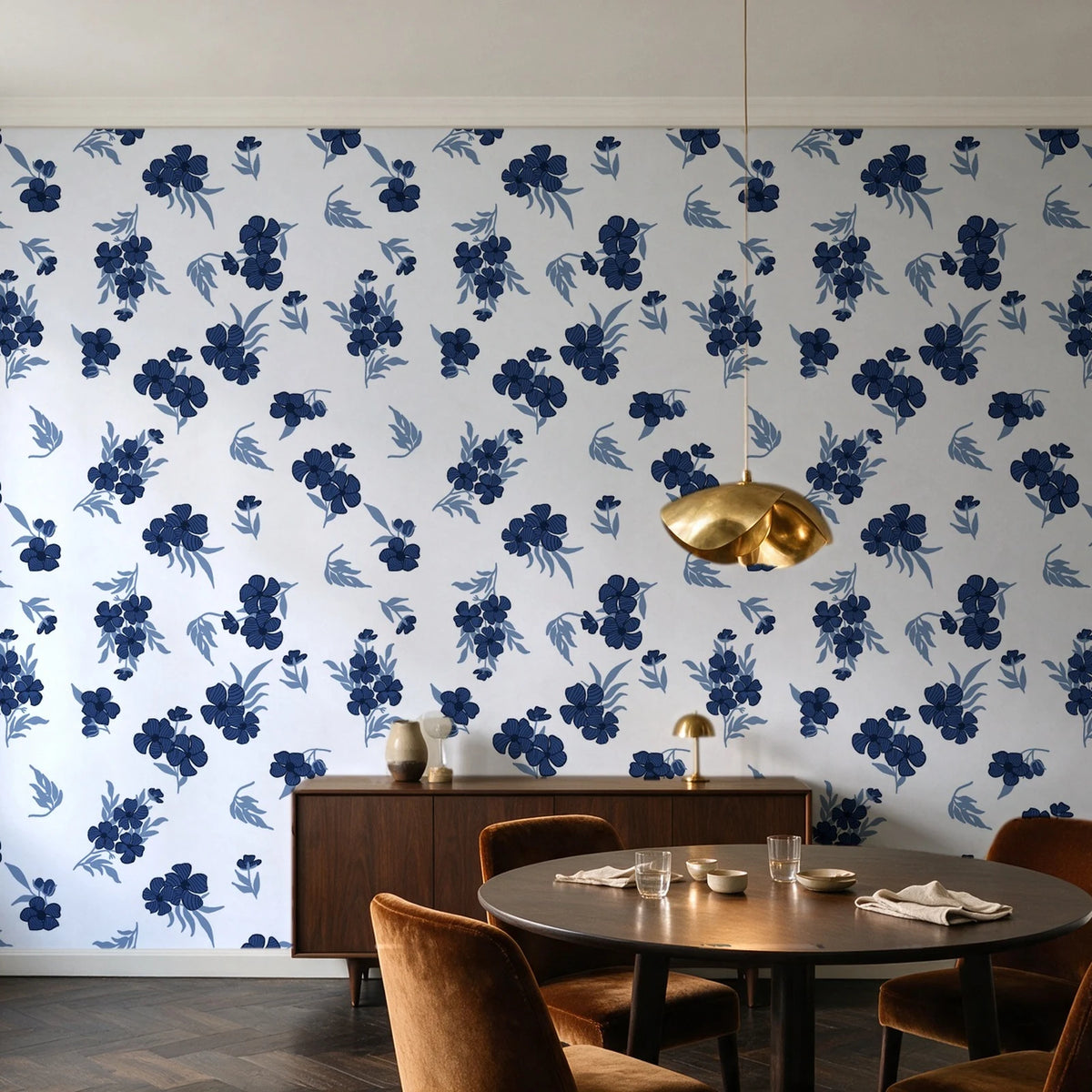 Hidden Garden Navy floral wallpaper in an elegant dining room