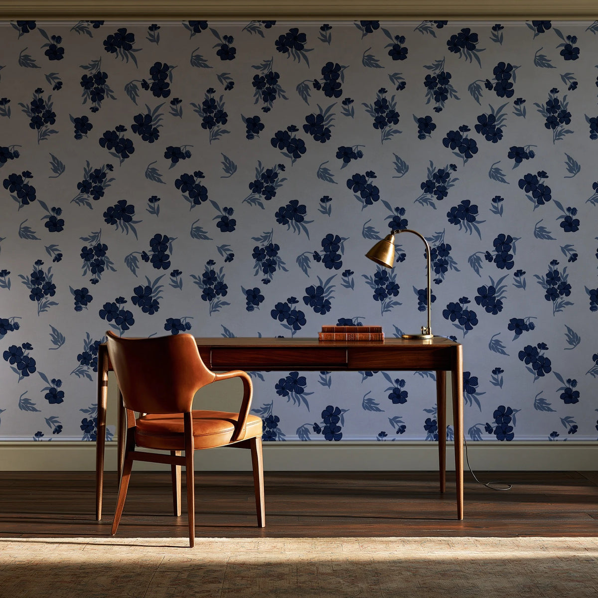 Hidden Garden Navy floral wallpaper as a feature wall in a home study