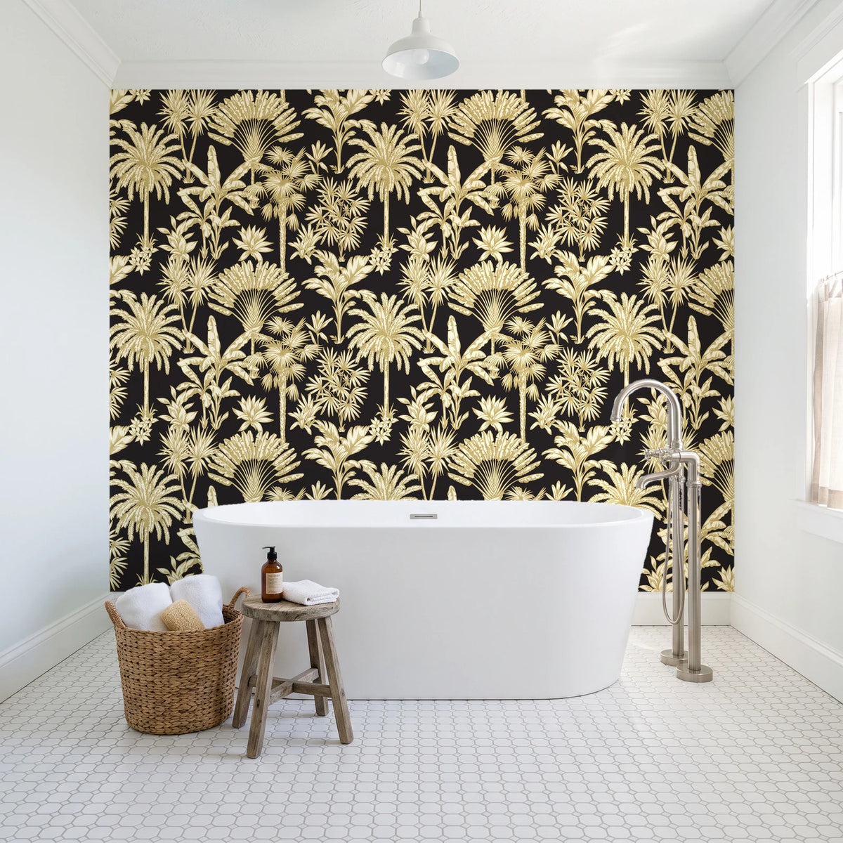Hush & Palm Ebony palm trees wallpaper behind a freestanding tub in a bright coastal bathroom