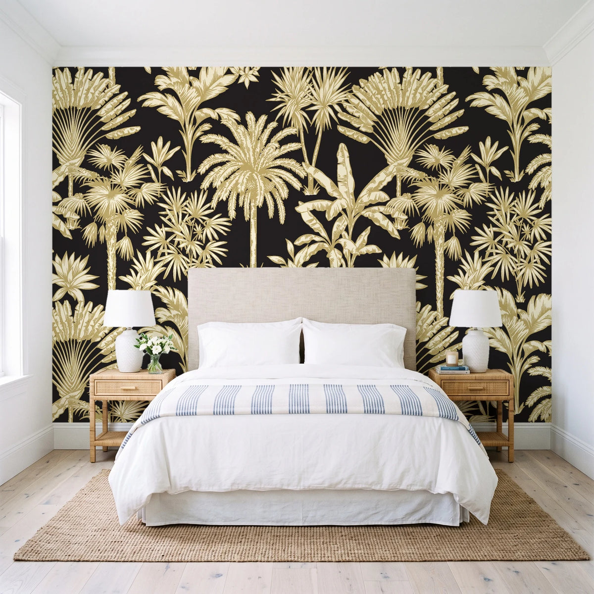 Hush & Palm Ebony palm trees wallpaper behind a queen bed in a bright coastal bedroom
