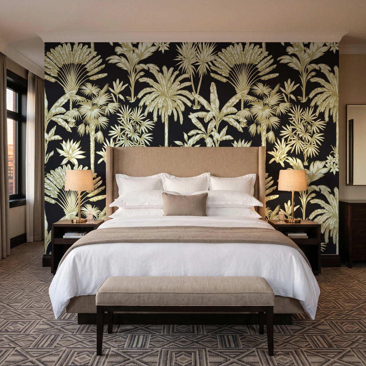 Hush & Palm Ebony palm trees wallpaper behind the headboard of a king bed in a contemporary hotel guest room
