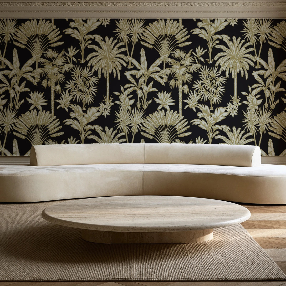Hush & Palm Ebony palm trees wallpaper in an elegant living room