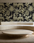 Hush & Palm Ebony palm trees wallpaper in an elegant living room
