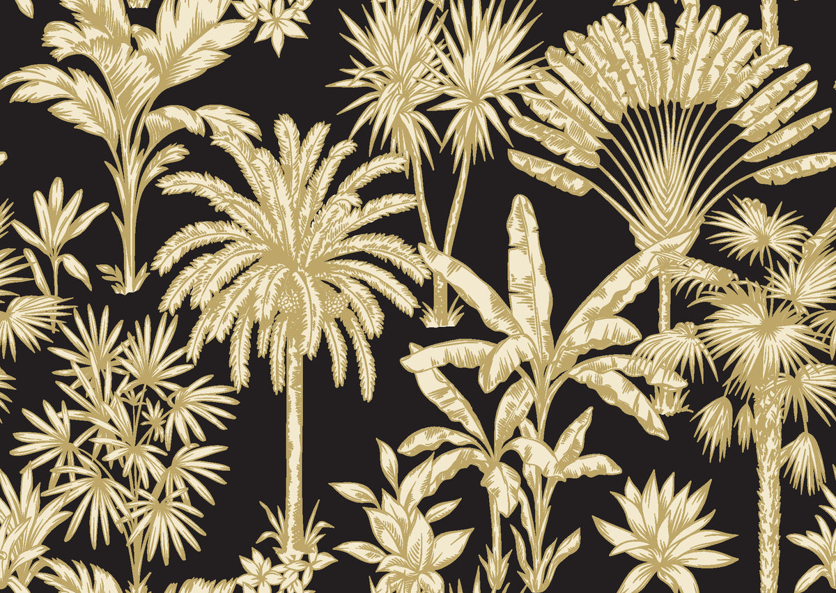 Hush & Palm Ebony palm trees wallpaper in black and gold