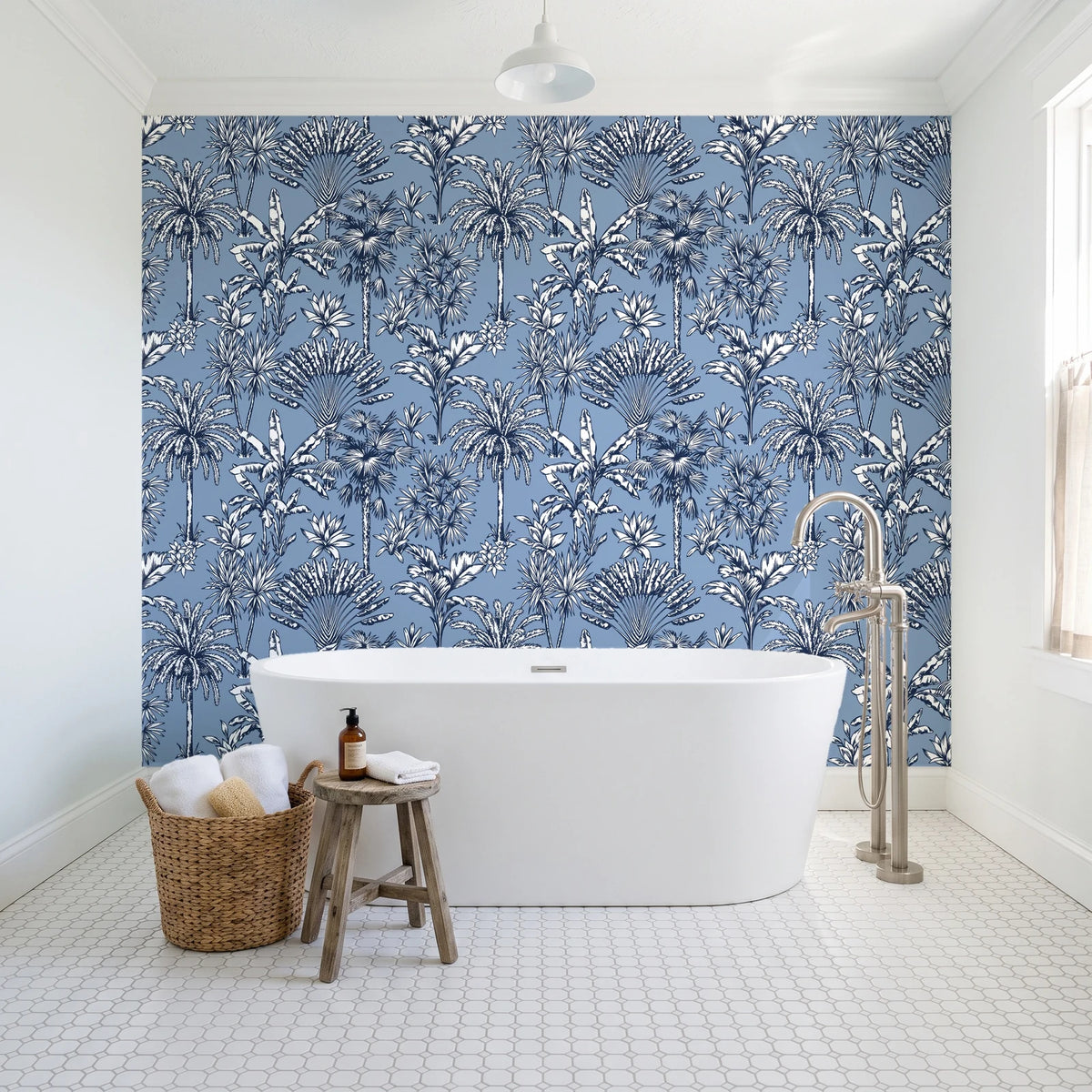 Hush & Palm Midnight palm trees wallpaper behind a freestanding tub in a bright coastal bathroom