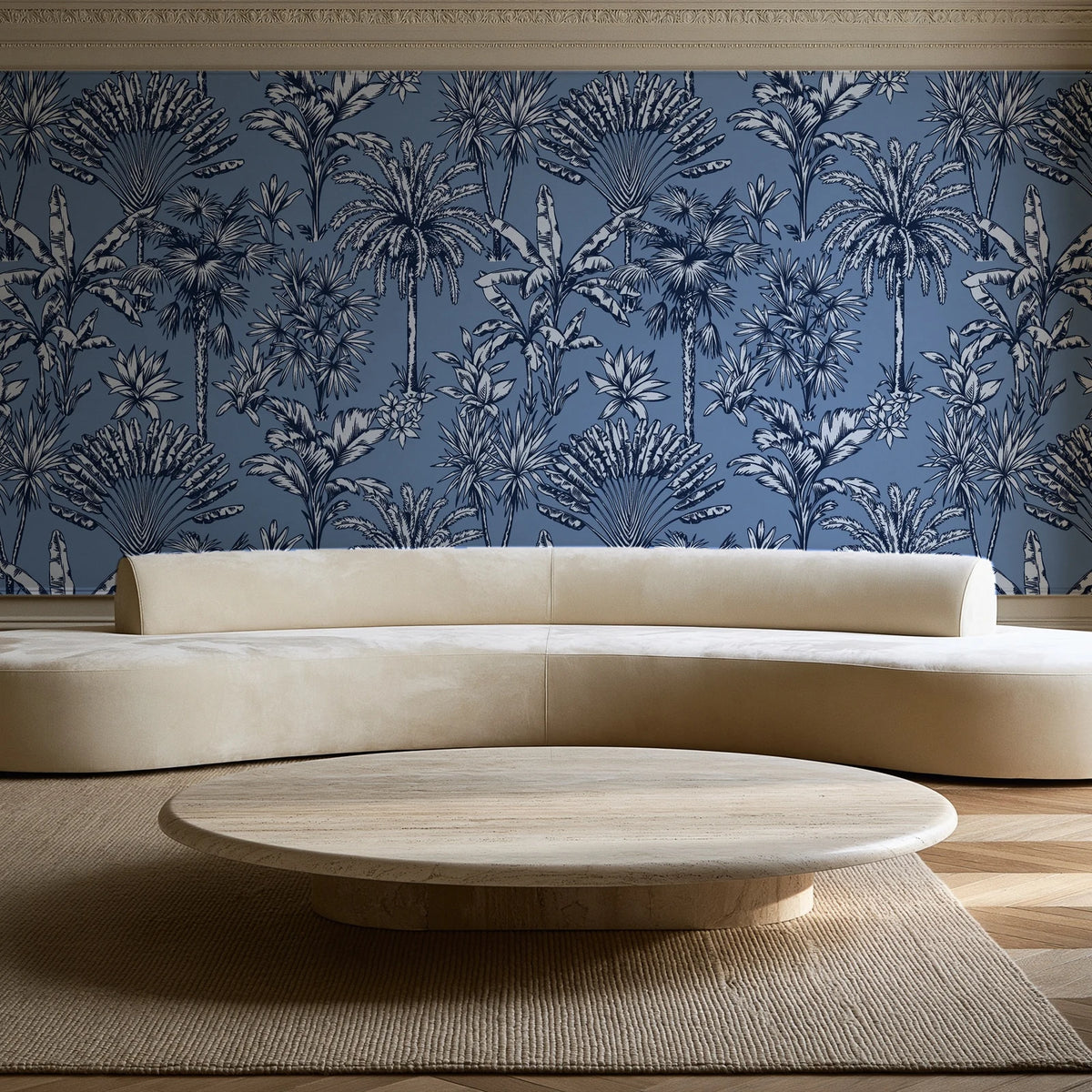 Hush & Palm Midnight palm trees wallpaper in an elegant living room