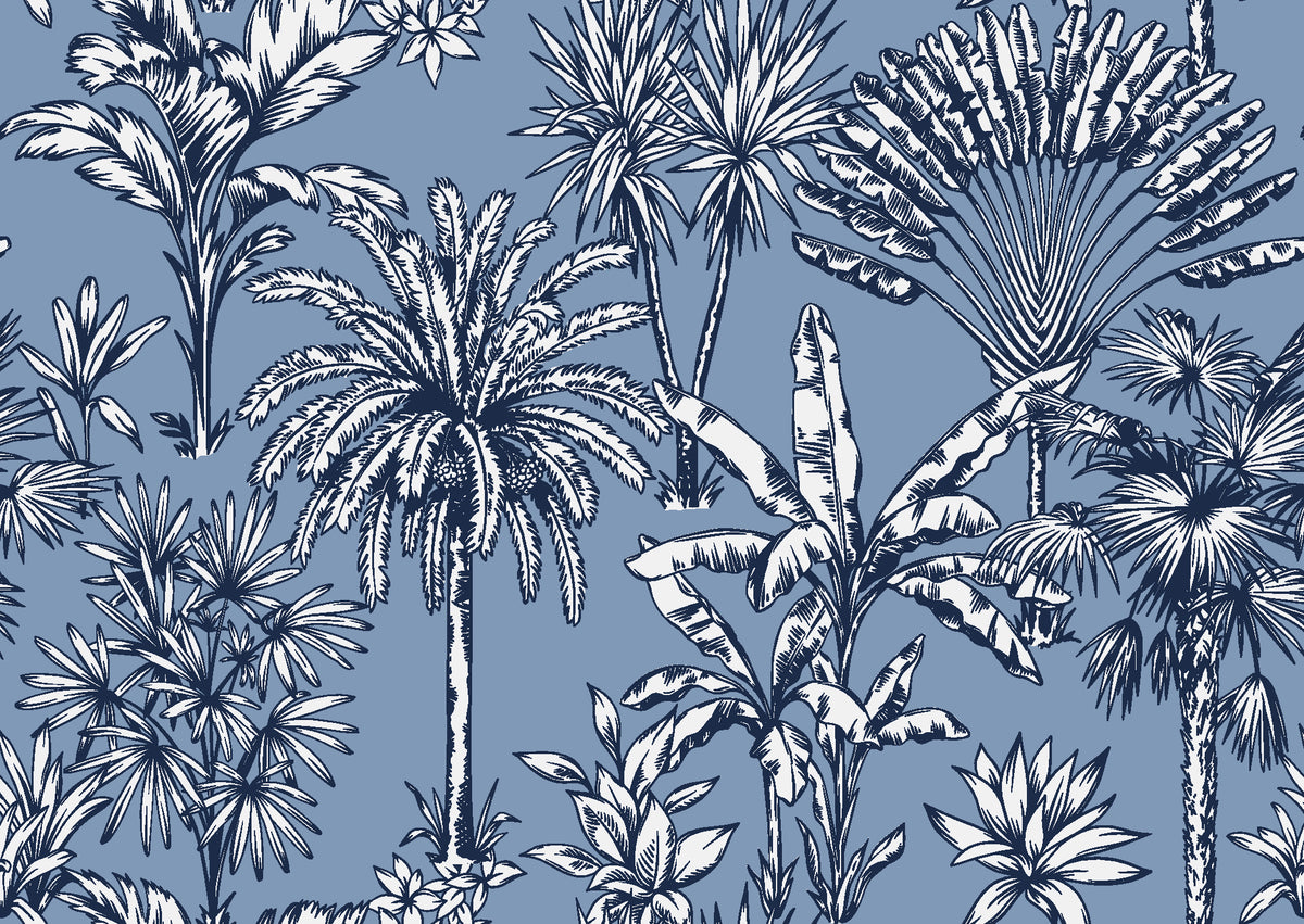 Hush & Palm Midnight palm trees wallpaper in midnight blue and mist