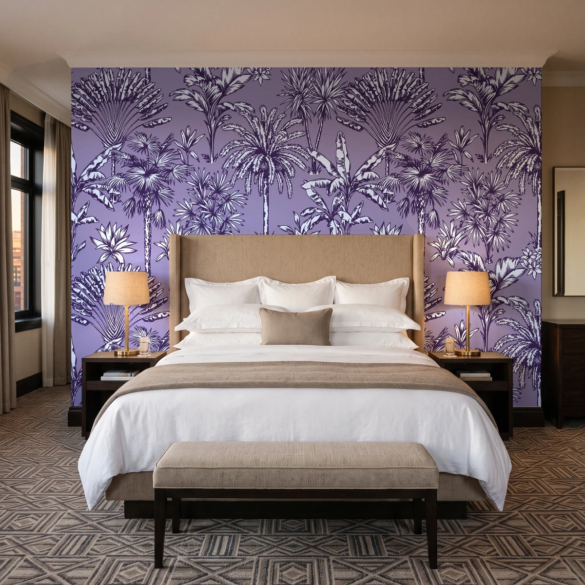 Hush & Palm Plum palm trees wallpaper behind the headboard of a king bed in a contemporary hotel guest room